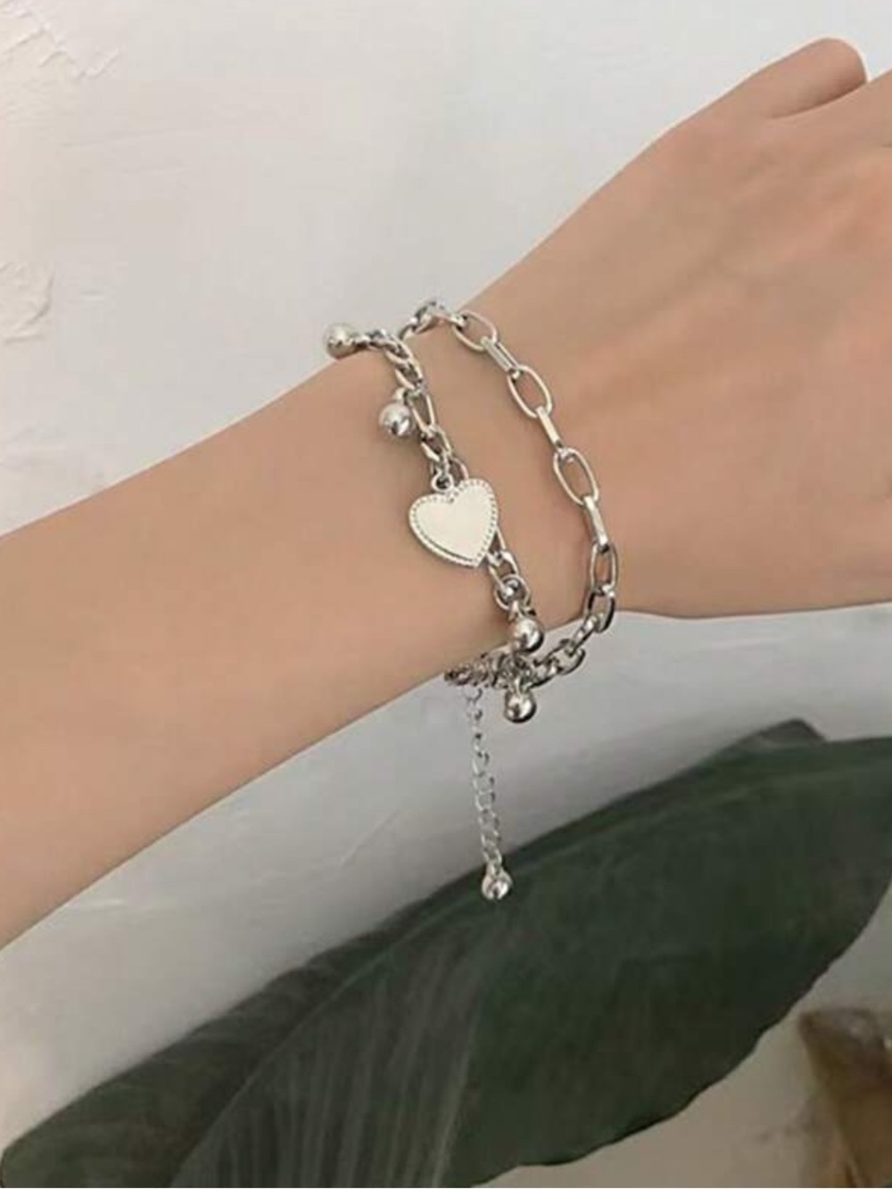Silver Heart Charm Double-Chain Bracelet